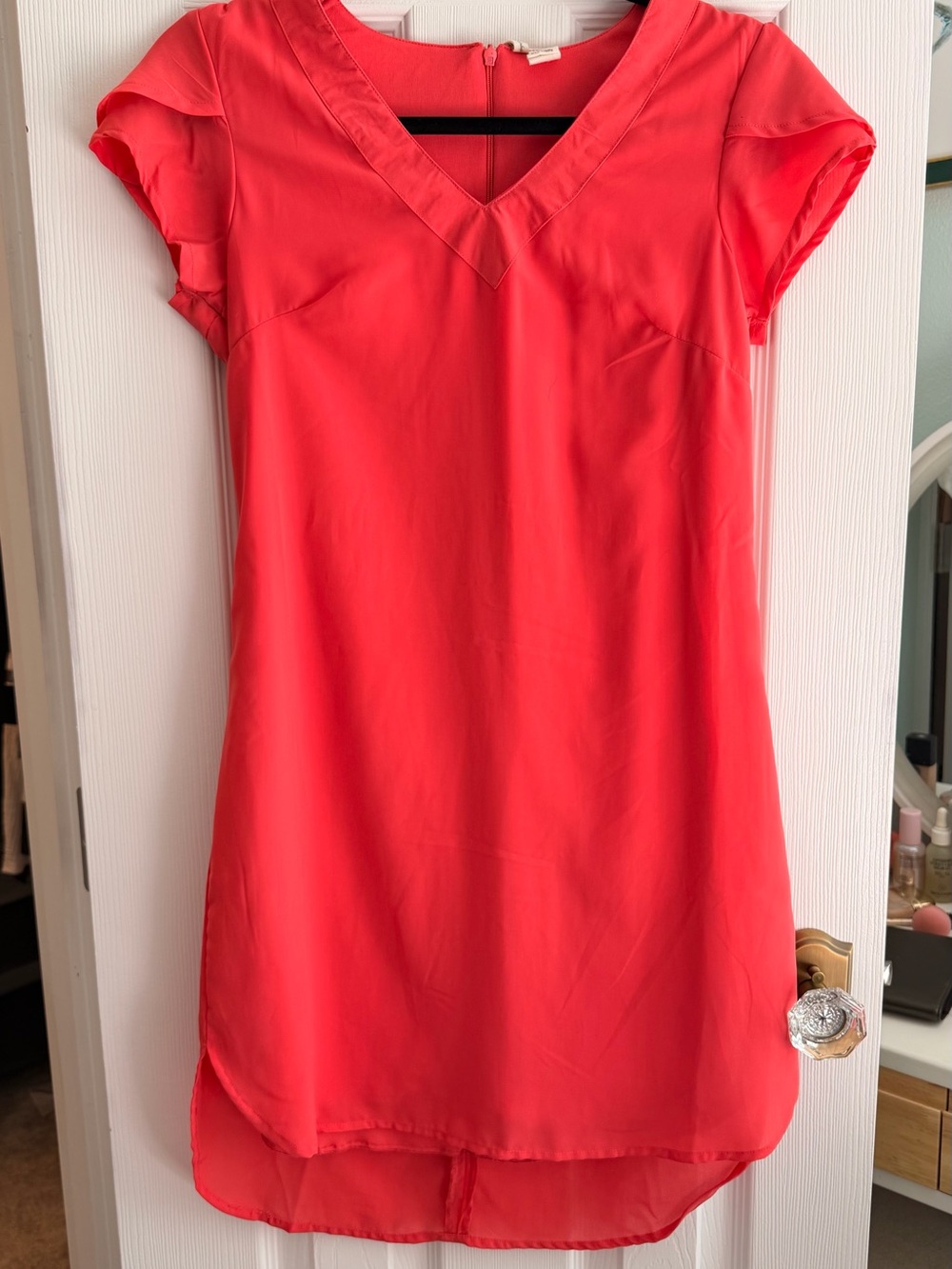 Bright Coral V-Neck Cap Sleeve Dress
